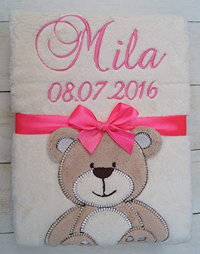 BotoBaby® - Babydecke mit Namen und Geburtsdatum - Geschenk Taufe Geburt ★ (Beige - Teddybär)