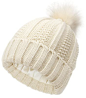TOEECY Bommelmütze Mütze Damen Winter Warme Beanie Satin Gefüttert Weiche Strickmütze Schützen Frisur Wintermütze Mit Kunstpelz Bommel für Frauen (Beige)