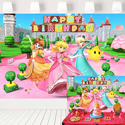 Super Mario Prinzessin Pfirsich Geburtstag Hintergrund für Mädchen Prinzessin Pfirsich Schloss Garten Hintergrund Gänseblümchen und Rosalina Videospiel Banner 2,1 x 1,5 m 417