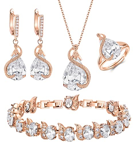 EVER FAITH 4 Stück Tropfen Cubic Zirconia Schmuck Set Glamour Anhänger Halskette Ohrringe Tennis Armband und Offener Ring für Damen Hochzeit Party Klar Rose Gold-Tone