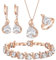 EVER FAITH 4 Stück Tropfen Cubic Zirconia Schmuck Set Glamour Anhänger Halskette Ohrringe Tennis Armband und Offener Ring für Damen Hochzeit Party Klar Rose Gold-Tone