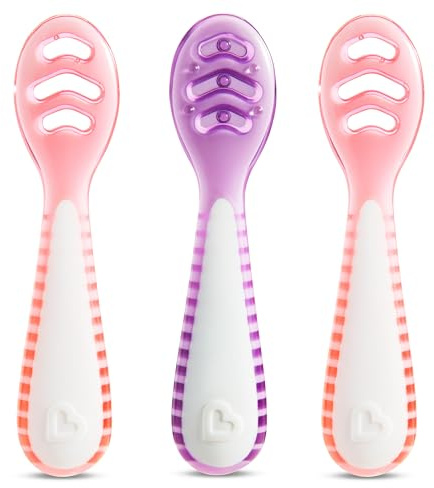 Munchkin® Gentle Dip™ Multistage First Spoon Set for Baby Led Weaning, Self Feeding, Solids & Purees, 3 Pack, Coral/PurpleQ