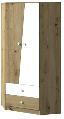 MINIO go for it - Kleiderschrank Nantes, 87x190x87 cm, Eckschrank mit 2 Türen, Garderobenschrank mit 2 Schubladen, Eck-Kleiderschrank mit 3 Einlegeböden, Schrank, Artisan Eiche/Weiss Matt