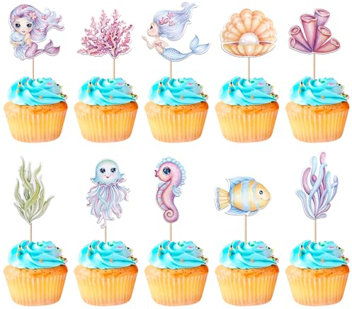 Xsstarmi 40 Pack Ocean Sea Animal Cupcake Toppers Under the Sea Turtle Mermaid Cupcake Picks for Ocean Sea Theme Baby Shower Birthday Party Cake Decorations Supplies