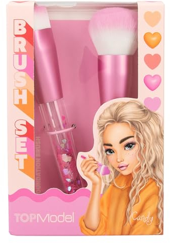 Depesche 12817 TOPModel - Pinselset Beauty and Me, in Rosa, mit transparenten Griffen und Herz-Konfetti, mit 2 Pinseln für Broncer und Foundation