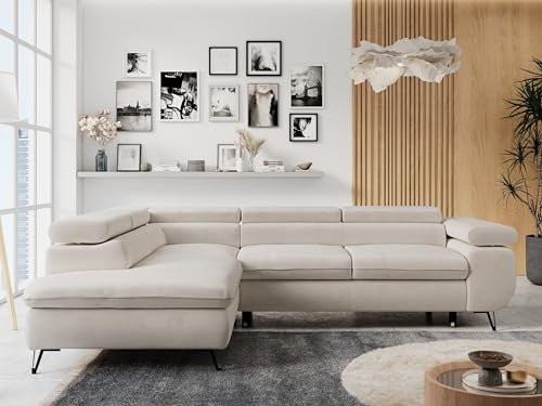 MKS MEBLE Ecksofa Sofa Beige, Wohnlandschaft L-Form mit Schlaffunktion und Bettkasten, Schlafsofa mit Bettkasten, Sofa mit Einstellbare Kopfstützen, Peter L - Hellbeige Velvet - Links Beige