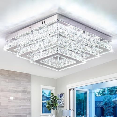 Finktonglan Quadratische Kristall LED-Deckenleuchten, 38cm Moderne Kronleuchter Deckenleuchten 3-Tiers Flush Mount Deckenleuchte für Wohnzimmer Esszimmer (6500K Kaltweiß)
