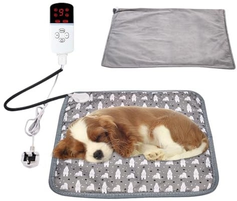 HIULLEN Pet Heating Pad, 45 * 45CM Heated Cat Bed, 9 Adjustable Temperature & Adjustable Timer, Waterproof Pet Heated Bed with Chew Resistant Cord, Electric Heated Mat for Puppy Rabbit