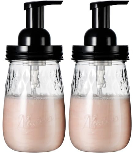 Amolliar Schaumseifenspender mit Pumpdeckel, nachfüllbarer Handschalenspender-Set, transparenter Diamant-Seifenspender mit Etikett, für Bauernhaus, Küche, Bad, 473 ml, 2 Stück, schwarz