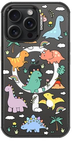 MOSNOVO Case for iPhone 15 Pro Max [Compatible with MagSafe] [Buffertech 6.6ft Drop Protection] [Anti Peel Off Tech] Clear Black - Dinosaur Land