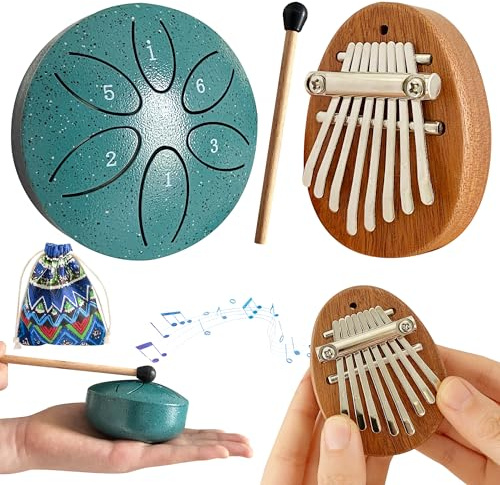 Jongdari Mini-Regentrommel und Mini-Kalimba-Daumenklavier, 2 Stück Mini-Musikinstrumente, 8 Tasten, exquisites Finger-Daumenklavier und 7,6 cm 6 Noten, Metall-Stahl-Zungentrommel für erwachsene