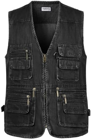 Yukirtiq Herren Angeln Weste ärmellos Freizeit Jagd Herrenwesten Sommer Trekking Wander Weste Reporterwesten Safari Weste mit Vielen Taschen, Jeans Schwarz, XL