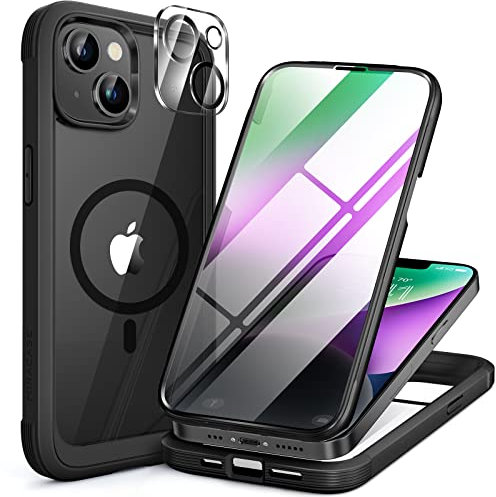 Miracase Magnetic Case for iPhone 14 Plus Case 6.7-Inch, [Built-in 9H Tempered Glass Screen Protector + Camera Lens Protector] Full Body Bumper Case Compatible with MagSafe (Black)