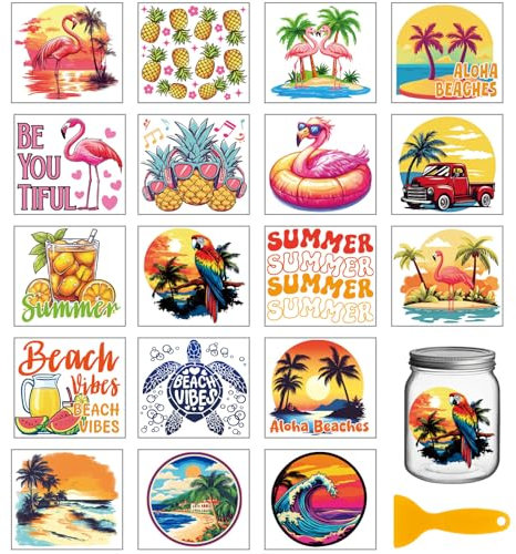 GLOBLELAND 18 Blatt Bunte Sommer Flamingo UV DTF Tasse Transfer Aufkleber 3.9x3.6 Zoll Ananas DTF Transferaufkleber Möbel Großformat Transfers für Glasbecher Keraflott Möbel Glas Holz