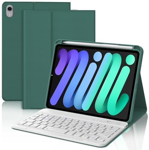 WAVATA Tastatur für iPad mini 7 2024 8.3 (A17 Pro), Hülle mit Tastatur für iPad mini 6 2021 Magnetisch Abnehmbare Bluetooth Kabellose QWERTZ Layout, Dunkelgrün