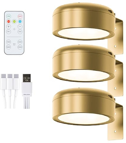 3 Pack Battery Operated Picture Lights for Wall Rechargeable, Wireless Frame Light with 3 Colors, 5-Level Dimmer, Timer, Remote Control, Art Lights for Painting, Easy Mounting, Gold
