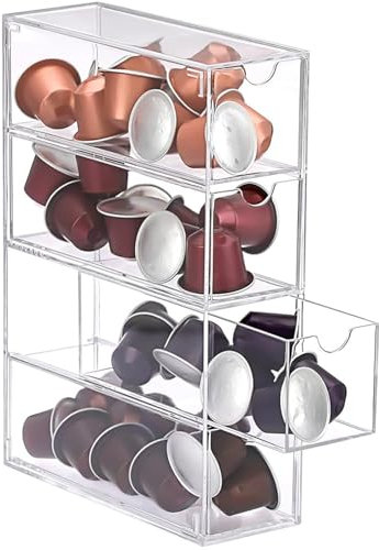 DAIRYCOF 1 Stück Aufbewahrungsschublade für Kaffeekapseln-transparenter Kaffeekapselhalter-Kompatibel mit Nespresso Kapseln-24.7 x 17.6 x 6,6 cm-Acryl Aufbewahrung mit 4 Schubladen (1, Transparenter)