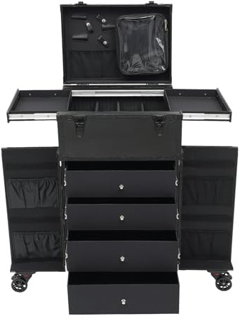 Kosmetik Trolley Kosmetikkoffer Friseurkoffer mit 4 Schubladen Make up Koffer Groß Schminkkoffer Nagelkkoffer Beauty Case Friseur Box Multikoffer Dunkelschwarz mit 6 Rollen