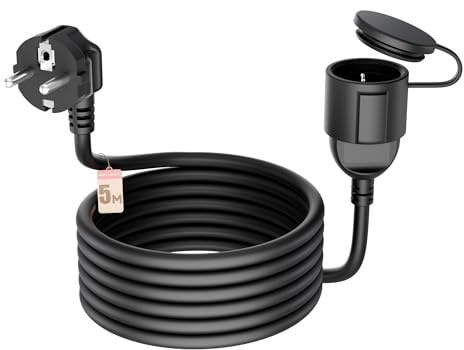 5 Meter Verlängerungskabel IP44 schwarz – Einzelsteckdose mit wasserdichtem Deckel, langes PVC Außenkabel für große Reichweite