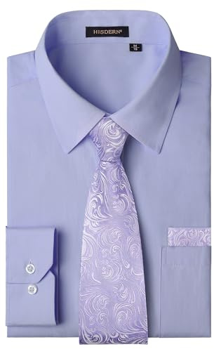 HISDERN Hemd mit Krawatte Herren Set Einfarbige Hemd Herren Langarm Formelles Business Hochzeit mit Brusttasche Regular Fit S-4XL