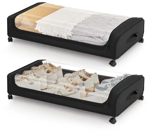 2 Pcs Cajas Almacenaje Ropa Marco Metálico, 50L Almacenaje Ropa Con Ruedas | Bolsa de Almacenamiento Guardar con Ruedas de 360 Marco Metálico Organizador Ropa Para Zapatos Mantas Juguetes,Negro