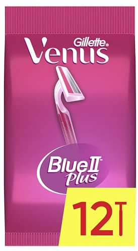 Gillette Venus Rasoir Jetable pour Femmes Blue II Plus, Pack de 12, Rose | 2 Lames Affutées pour Un Rasage Confortable, Bande Lubrastrip, Manche Ultragrip