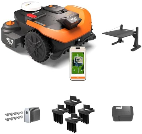 WORX Vision Cloud 2WD WR312E Robot tondeuse 1200 m² sans fil périphérique + Garage + Antivol + Brosse de roue + Lames longue durée (évitement d'obstacles IA, navigation VSLAM + RTK Cloud, Cut-to-Zero)