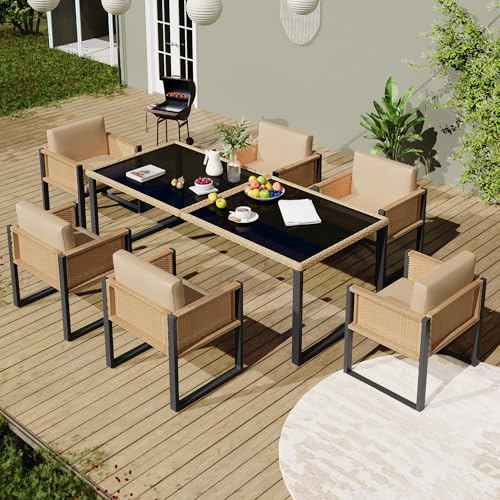 Merax Polyrattan Gartenmöbel Set 6 Personen, Garten-Esstisch Set mit 6 Stühlen & Glastisch 170x80 cm, Rattan Essgruppe mit abnehmbaren, waschbaren Kissen, Outdoor Möbel Terrasse Balkon