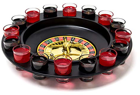 Relaxdays Roulette Trinkspiel, Partyspiel mit Drehrad, Schnapsgläsern & Kugeln, Roulettespiel für Partys, rot/schwarz