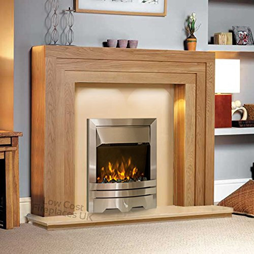 Electric Oak Wood Surround Modern Silver Brushed Steel Pebble Coal Fire LED Fireplace Suite Lights Large Big Spotlights - 54