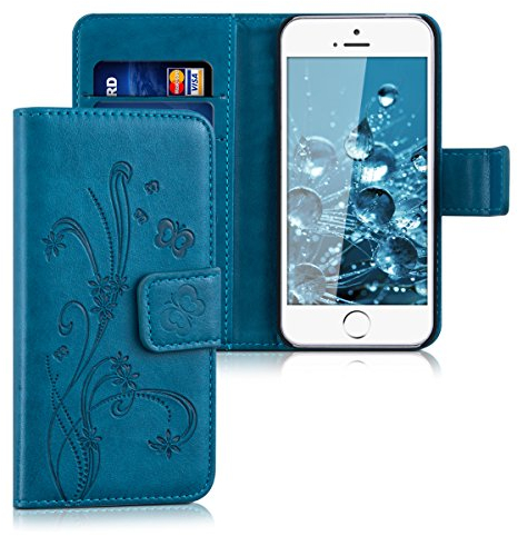 kwmobile Coque Portefeuille Compatible avec Apple iPhone SE (1.Gen 2016) / iPhone 5 / iPhone 5S Coque - Étui à Rabat Tissu Similicuir Compartiment Cartes - Bleu foncé