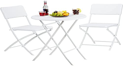Relaxdays Set Mesa y Sillas Jardín Bastian, Plegable, 3 Unidades, Efecto Ratán, Muebles Exterior, 75,5x60x60 cm, Blanco