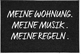 TassenTicker - Fußmatte mit Spruch -Meine Wohnung.Meine Musik.Meine Regeln. - lustig - schwarz - Willkommen - innen & außen - waschbar - Geschenkidee - Dekoration