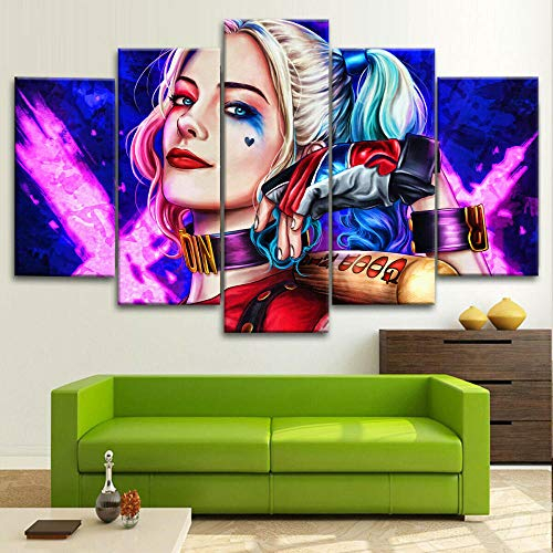 Bilder XXL 5 Teile wandbild leinwandbilder Kunstdrucke Harley Quinn Supervillain Colourful XXL 5 Teiliges Wandbild Mit Rahmen Größe 100x55CM Leinwandbild Wandbilder Cadeau