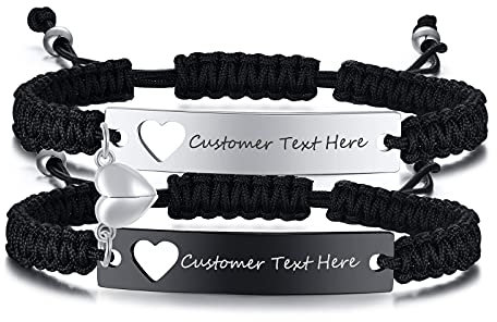 Personalised Matching Bracelets for Couple Gifts - Customised Stainless Steel Matching Rope Braided Charm Bracelet For Lover Him Her Soulmates Friend for Anniversary Promise Valentine's Day