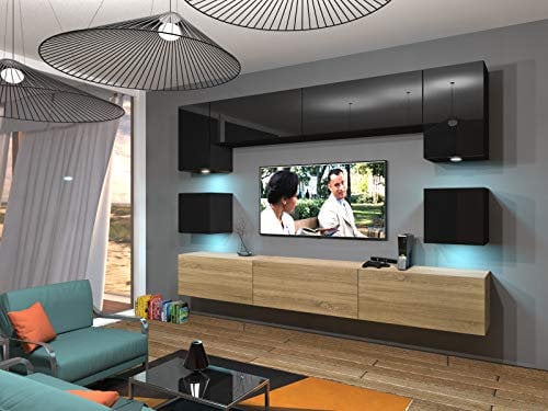 Furnitech Wohnwand Wohnzimmer | Wohnzimmer Möbel mit LED RGB - 16 Farben | Hängend Wohnwand Modern | Wohnzimmer Schrankwand mit Regale und TV Schrank (Nowara AN1-17BS-HGM31 1B)