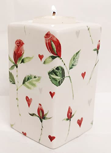 Hearts & Red Roses Candle Holder Fine Bone China Square Tea Light Holder Hand Decorated in UK