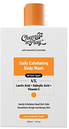Chemist at Play Body Wash Exfoliating for Dry Rough Bumpy Strawberry Skin with 1% Salicylic Acid 2% Lactic Acid and Ceramides for Men and Women | 236 ml