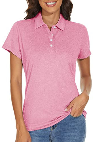 KEFITEVD Funktionsshirt Damen Kurzarm Atmungsaktiv mit Knopfleiste Sommer Leicht Poloshirt Stretch Sport Oberteil Meliert Rosa L