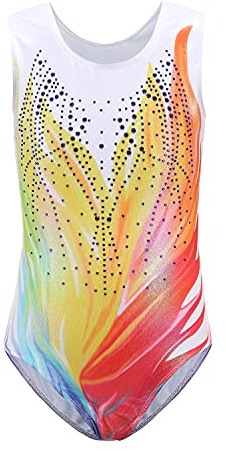 Cucudy Maillot de gimnasia para niñas azul/blanco/amarillo/rosa/verde/púrpura/rojo/rosado/arcoiris/degradado de color brillante, sin mangas, bailando, ballet, gimnasia, amarillo, 5-6 Años