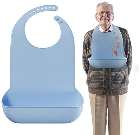 MARS WELLNESS Bavoirs pour adultes pour personnes âgées – 50,8 x 76,2 cm confortables et faciles à nettoyer en silicone pour adultes avec fermeture à bouton facile à utiliser et récupérateur de
