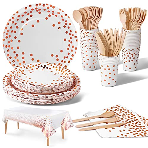 Nkaiso Party Tableware 141 Pieces Rose Gold Paper Tableware Set Includes Paper Plates Napkins Cups Knives Forks Spoons for Wedding Shower Engagement Wedding Birthday (20 Guests)