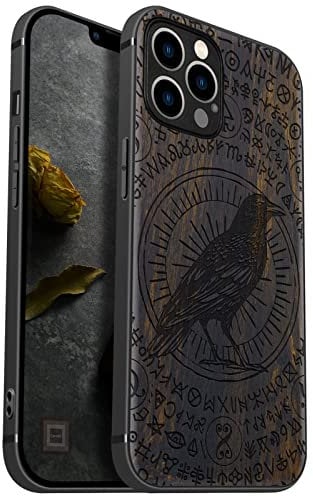 Carveit Case for iPhone 12 Pro Compatible with MagSafe Protective Cover Wood Hybrid TPU Shockproof Bumper For Apple 12 Pro Case Magnetic Cases Wooden (Witchcraft raven-Blackwood)