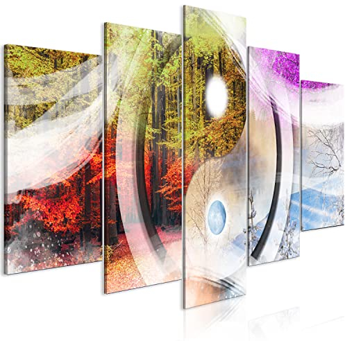 B&D XXL - Wandbilder XXL Abstrakt 200x100 cm Vlies Leinwandbild 5 tlg Kunstdruck modern Wandbilder XXL Wanddekoration Design Wandbild - Yin Yang vier Jahreszeiten Baum Wald c-C-10060-b-a