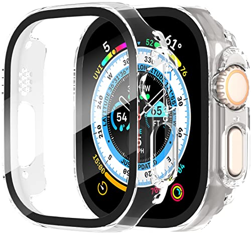 Diruite 2 Piezas Funda para Apple Watch Ultra/Ultra 2 49mm Protector Pantalla Cristal Templado Incorporado HD Protección Completa PC Dura Estuche Case,Transparente,49mm