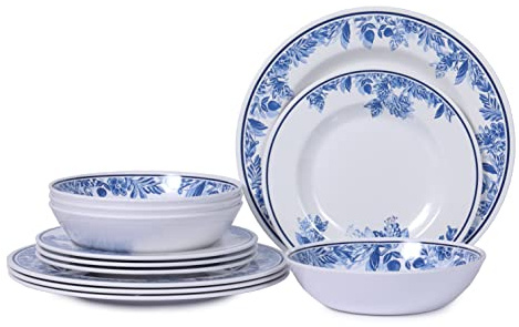 Service de table 12 pièces en mélamine motif floral pour 4 personnes, passe au lave-vaisselle, incassable, utilisation en intérieur et en extérieur, réutilisable, fleur traditionnelle