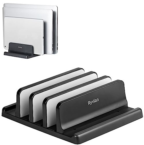 Ryvlan Vertical Laptop Stand, 3 Slot Adjustable Laptop Storage Rack and Desk Organizer, Silicone-Padded Holder for Multiple Devices Storage, Compatible Stand for Tablets and Devices up to 17 Inches
