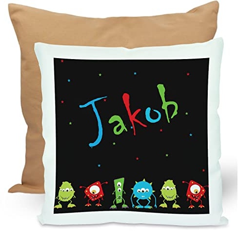 CreaDesign, Kinder Kissen 40x40 cm personalisiert mit Namen, Kinderzimmer Deko Kissen Kinder mit Füllung Federn, Motiv Monster Parade, Rückenfarbe Beige