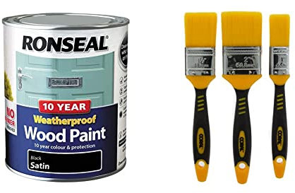 RONSEAL 10 Year Weatherproof 2 in 1 Wood Paint Black Satin 750ml & Coral 31416 Zero Paint Brushes with No Loss of Bristle Paintbrush Heads 3 Piece Pack Set, Yellow, Set of 3