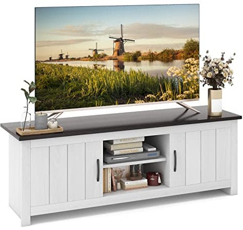 COSTWAY TV Stand for TVs up to 65 Inches, Wooden TV Cabinet Media Entertainment Center with 2 Doors and Storage Shelves, 145cm Modern TV Unit Console Table for Living Room Bedroom (Dark Grey+White)